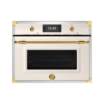 Forno Combinado Bertazzoni Heritage Avorio: micro-ondas e grill com detalhes em ouro. Design italiano clássico e alta performance para sua cozinha. Confira!
