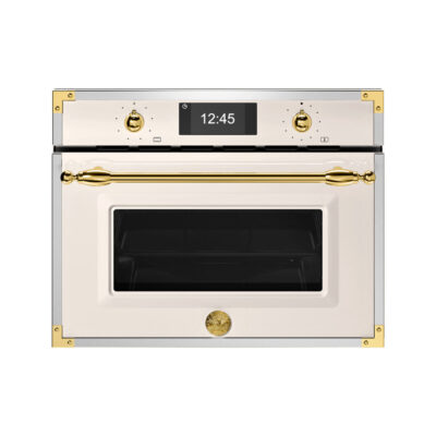 Forno Combinado Bertazzoni Heritage Avorio: micro-ondas e grill com detalhes em ouro. Design italiano clássico e alta performance para sua cozinha. Confira!