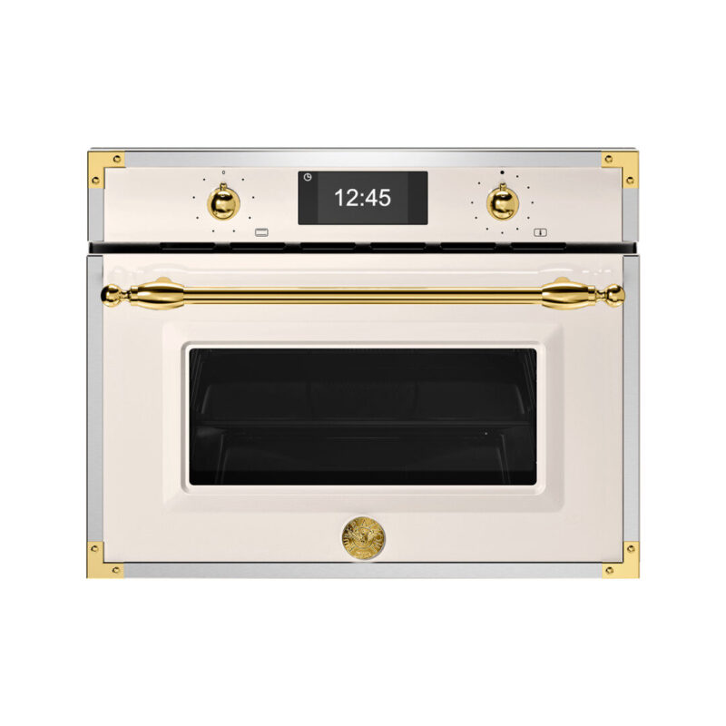 Forno Combinado Bertazzoni Heritage Avorio: micro-ondas e grill com detalhes em ouro. Design italiano clássico e alta performance para sua cozinha. Confira!