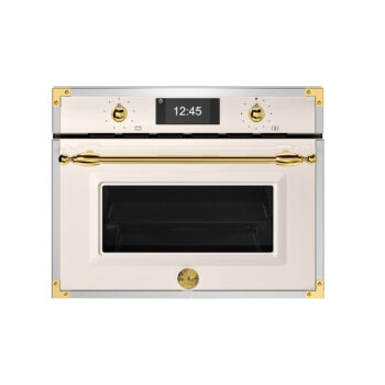 Forno Combinado Bertazzoni Heritage: micro-ondas e grill com acabamento em ouro. Tecnologia italiana e design clássico para sua cozinha gourmet. Confira na Cevimar!