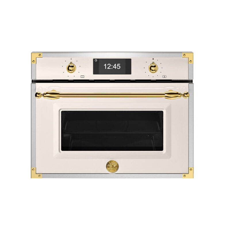 Forno Combinado Bertazzoni Heritage: micro-ondas e grill com acabamento em ouro. Tecnologia italiana e design clássico para sua cozinha gourmet. Confira na Cevimar!