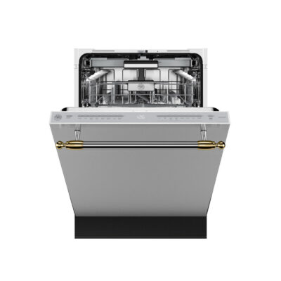 Lava-loucas Bertazzoni Heritage HER DW24T3IXT: embutir 60 cm, Tall Tub, 16 servicos, 39 dB, DirectWash, PowerDry Plus, Sanitize 68 graus e puxador Heritage. Lancamento 2025. Cevimar.