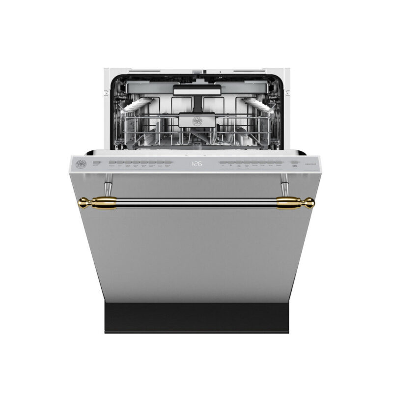Lava-loucas Bertazzoni Heritage HER DW24T3IXT: embutir 60 cm, Tall Tub, 16 servicos, 39 dB, DirectWash, PowerDry Plus, Sanitize 68 graus e puxador Heritage. Lancamento 2025. Cevimar.