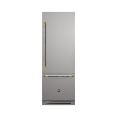Refrigerador Bertazzoni Heritage HER REF755BBRXTT: 75 cm, embutir flush, 473L, bottom freezer, abertura direita, inox anti-manchas, ice maker inteligente e 42 dB. Lancamento 2025. Cevimar.