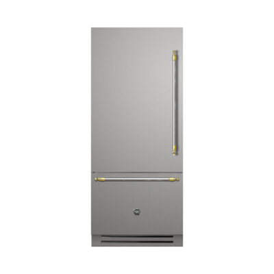 Refrigerador Bertazzoni Heritage HER REF905BBLXTT: 90 cm, embutir flush, 596L, bottom freezer, inox anti-manchas, abertura esquerda, ice maker inteligente e 42 dB. Lancamento 2025. Cevimar.