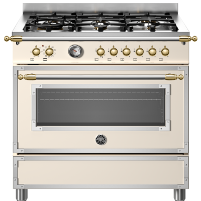 Fogão Bertazzoni Heritage Avorio: 90cm, 6 queimadores a gás e forno elétrico multifunções. O luxo clássico italiano com detalhes em ouro. Confira na Cevimar!
