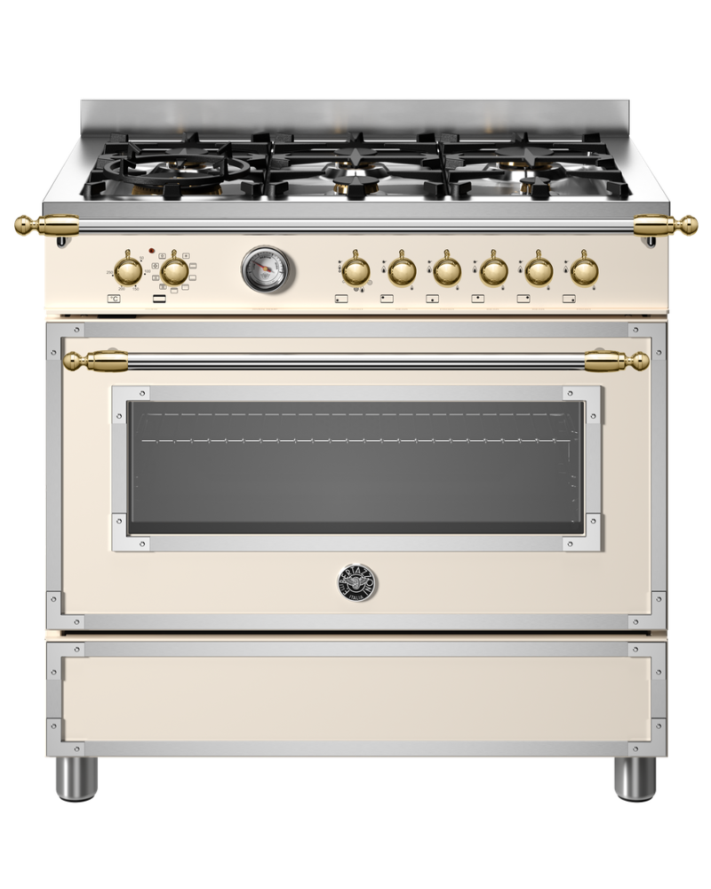 Fogão Bertazzoni Heritage Avorio: 90cm, 6 queimadores a gás e forno elétrico multifunções. O luxo clássico italiano com detalhes em ouro. Confira na Cevimar!