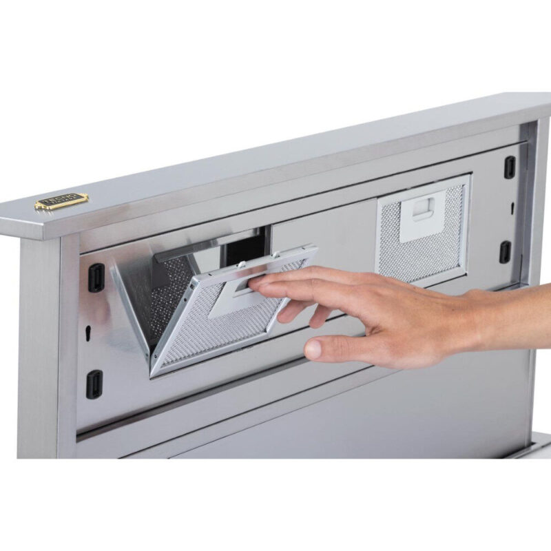 Coifa bancada Tecno Rise Professional TCD91P: 91 cm em inox, 1.000 m³/h, aspiracao perimetral, silencio de 36 a 56 dB e controle de embutir retroiluminado. Lancamento 2025. Cevimar.